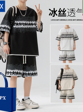 ampx短袖短裤套装男夏季宽松大码休闲运动两件套冰丝半袖短裤套装