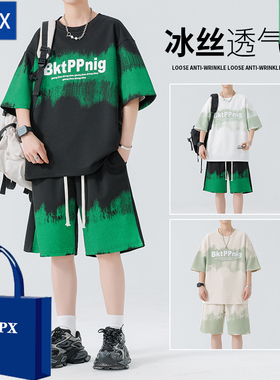 ampx短袖男士夏季新款宽松大码休闲运动套装潮流百搭两件套