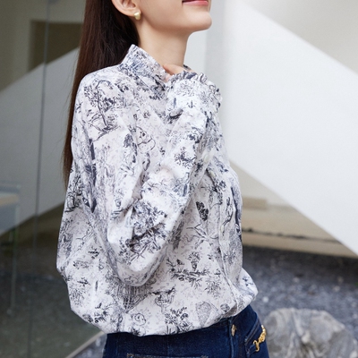 CHESTER CHARLES 2023冬季女款气质轻薄印花法式长袖衬衫香港代购