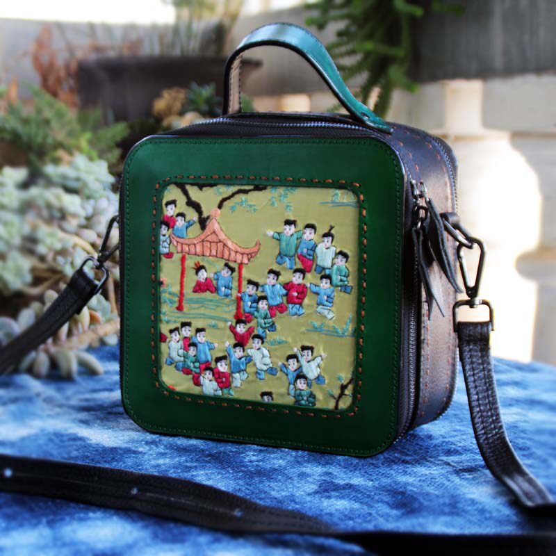 民族风手工刺绣手提斜挎小包复古国风绣花头层牛皮百搭实用女包