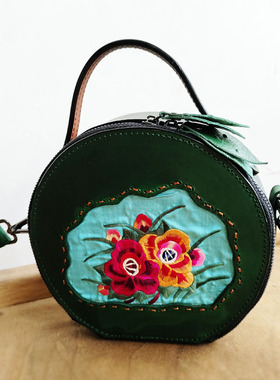 专拍链接。手绣牛皮真皮包纯手工老绣复古国风手提单肩斜挎圆包