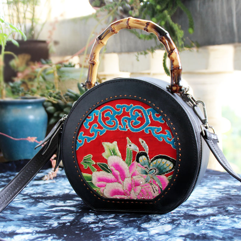 民族风精品老绣包手工刺绣小圆包复古头层牛皮手提斜挎国风女包