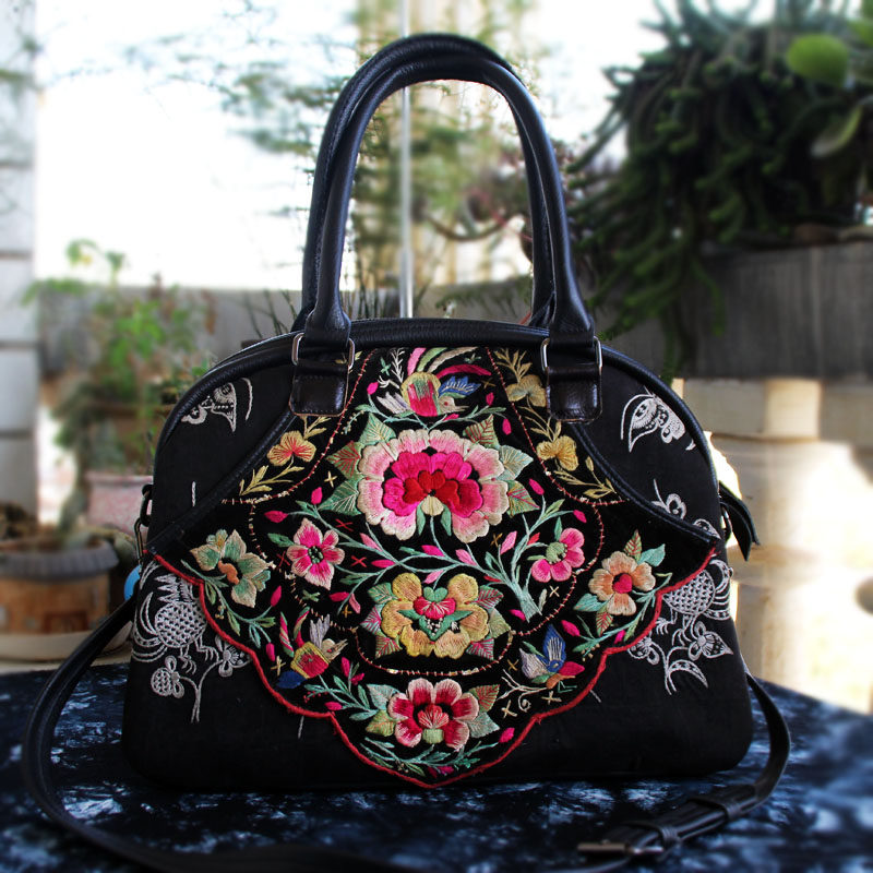 民族风精品老绣包手工刺绣苗绣大容量托特包头层牛皮手提斜挎单肩