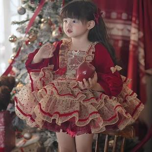 春秋女童洛丽塔公主裙洋装宝宝生日周岁礼服蓬蓬裙长袖连衣裙红色