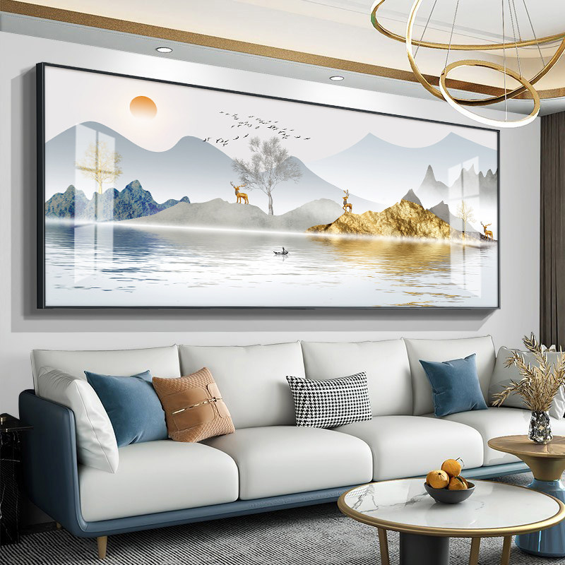 现代轻奢装饰画客厅日照金山富水图山水画背景墙壁画大气风景挂画