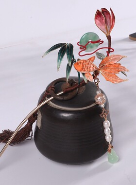 古典国风蚕丝绒花掐丝荷花流苏发簪新中式汉服旗袍配饰簪子发饰品