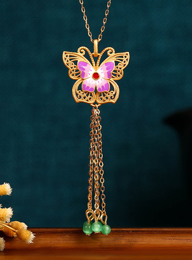 原创设计镀金中国风蝴蝶流苏项链