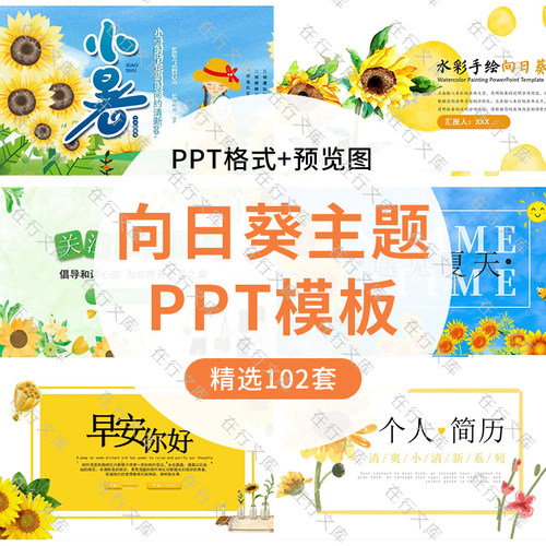 唯美水彩小清新向日葵主题你好PPT模板通用精美工作汇报活动策划