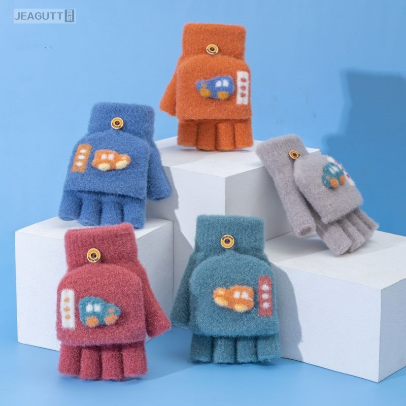 儿童五指手套保暖半指翻盖