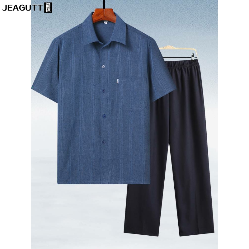 新款中老年人衬衣男套装爸爸衬衫爷爷装冰丝夏装短袖衣服60-70岁