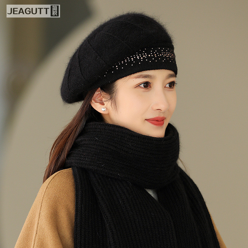 帽子女冬季保暖洋气百搭兔毛贝雷帽防寒护耳毛线帽中老年人妈妈帽