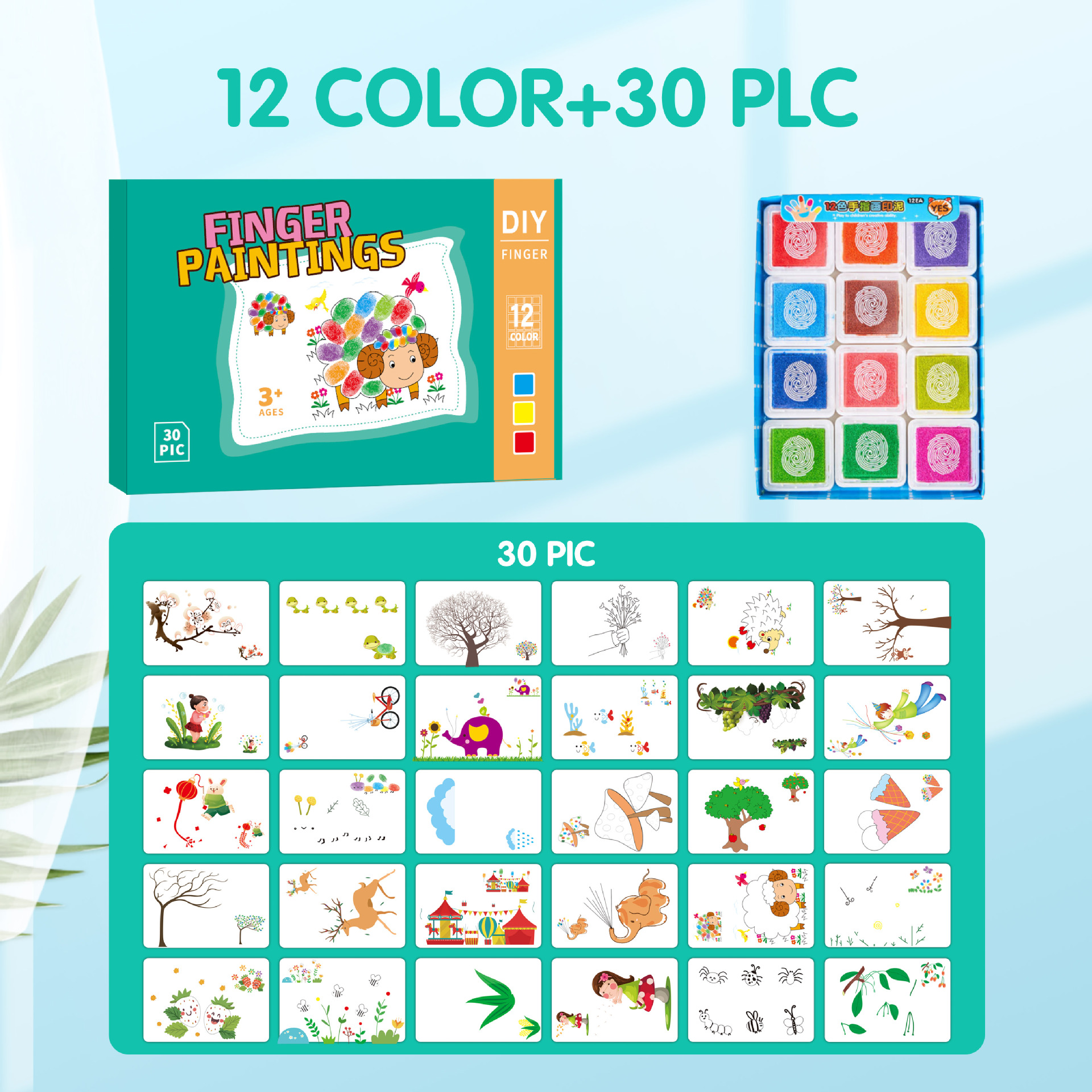 跨境儿童手指画12色印台彩色印泥画卡画册宝宝涂鸦绘画英文版TEMU