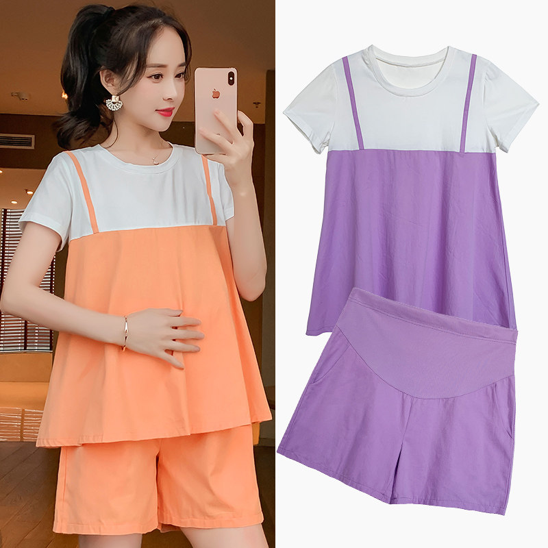 。小香风孕妇装夏季外出时尚款产检两件套潮辣妈气质短裤显瘦套装