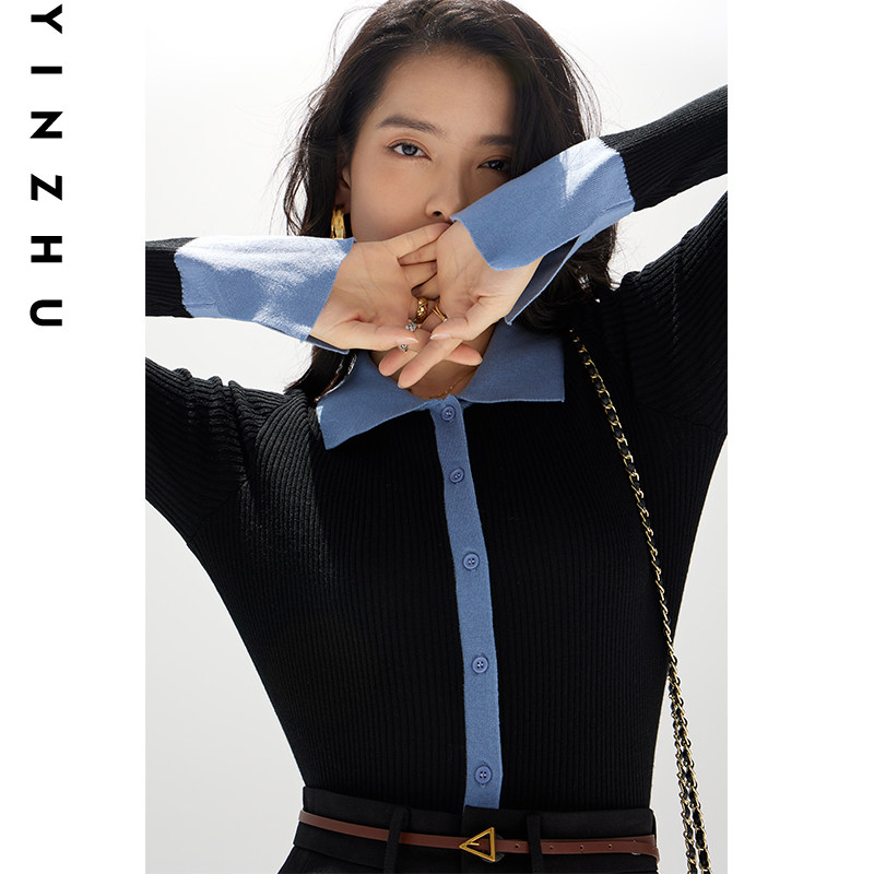 克莱茵蓝翻领撞色拼接羊毛针织衫女POLO内搭修身开叉排扣打底毛衣