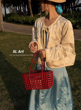 【杨黑黑】高D新中式刺绣系绳外套女 25春新款 拼接绑带杏色外套