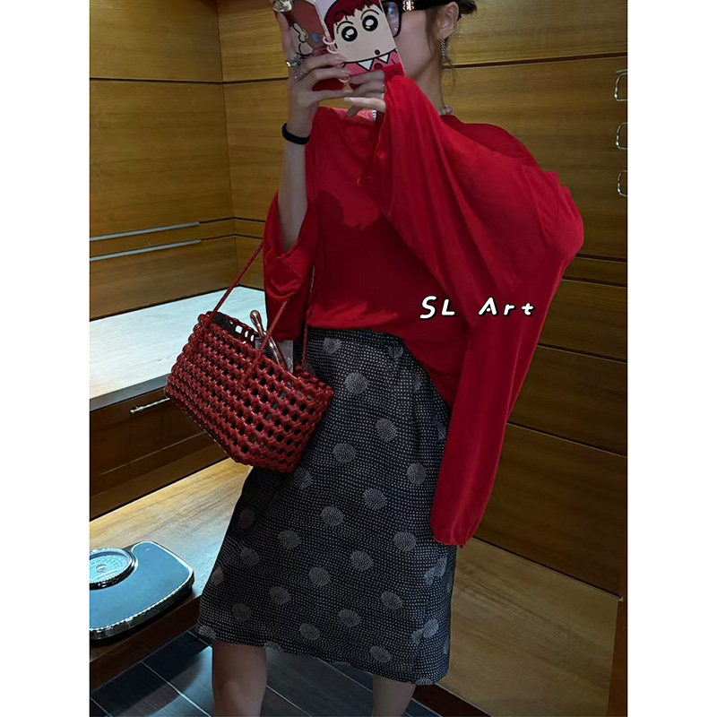 口袋波点半身裙宽松中裙