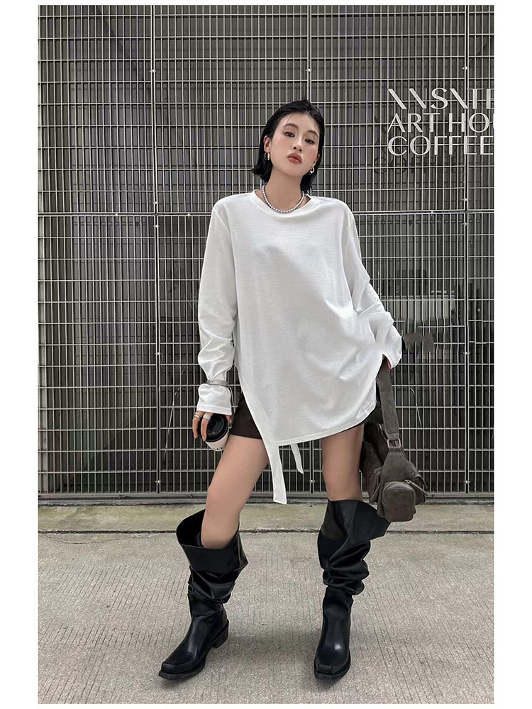 开叉飘带宽松T恤女圆领长袖上衣