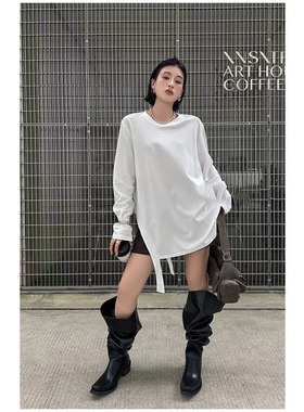 杨黑黑设计感开叉飘带宽松T恤女秋季新款 简约时尚圆领长袖上衣女