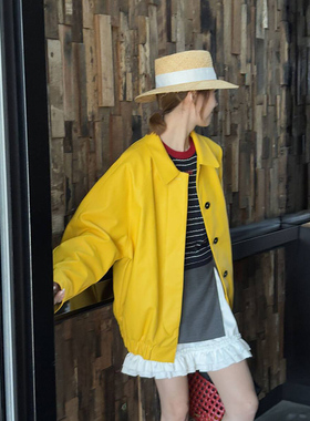 【杨黑黑】韩风黄色PU皮衣外套女 2025春秋新 宽松翻领皮夹克外套