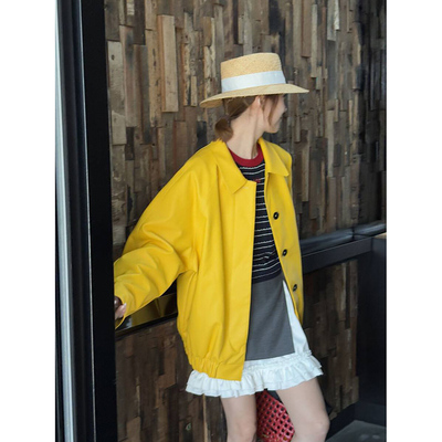 黄色PU皮衣外套女秋季翻领皮夹克