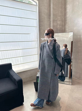 【杨黑黑】高个子长款蓝色格子大衣女 韩系斜扣宽松格子风衣外套