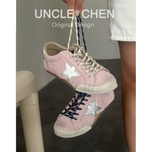 鸳鸯带德训鞋 真皮做旧休闲运动风板鞋 新款 韩系复古星星平底脏脏鞋