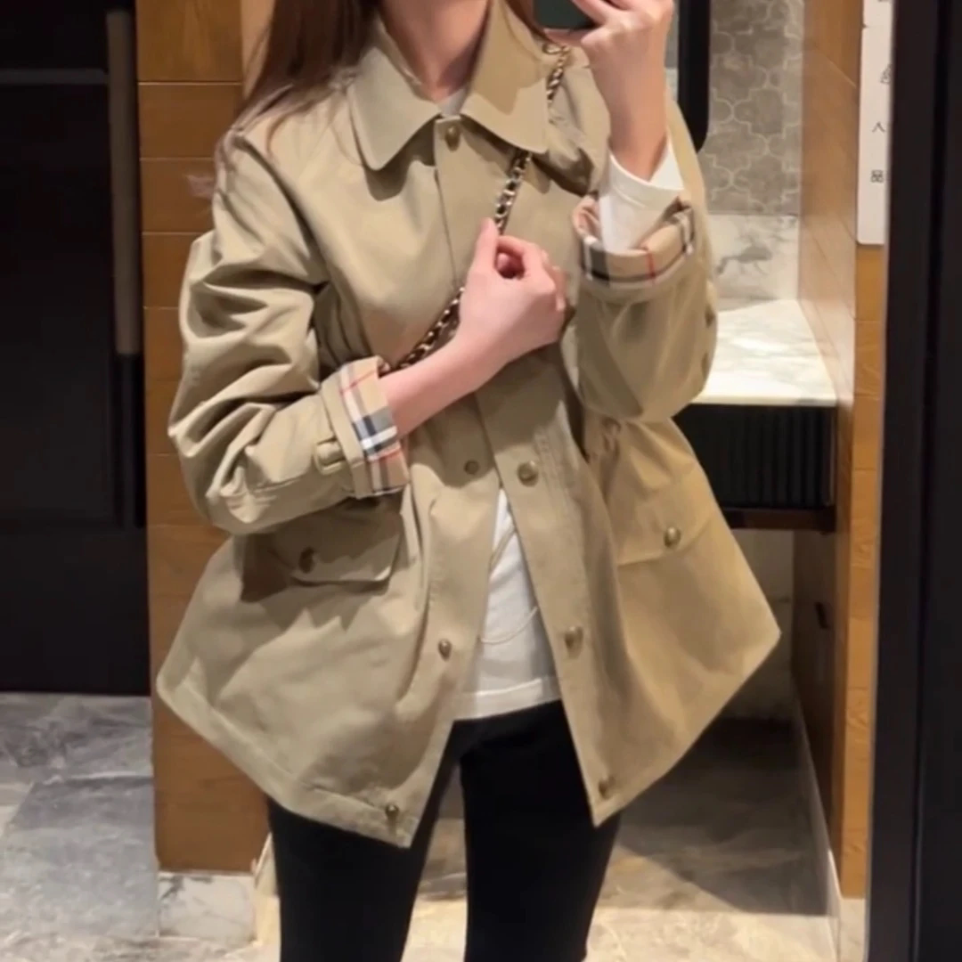 经典格纹抽绳收腰显瘦风衣外套女春秋季翻领中长款百搭气质上衣