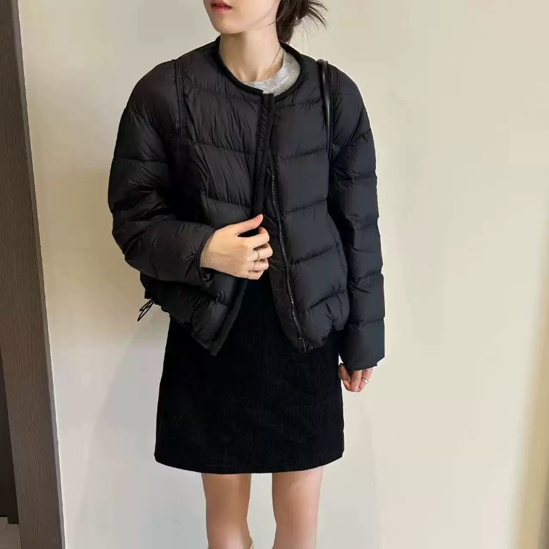 韩国2025秋冬新款韩版毛线领拼接短款白鸭绒羽绒服女圆领外套上衣