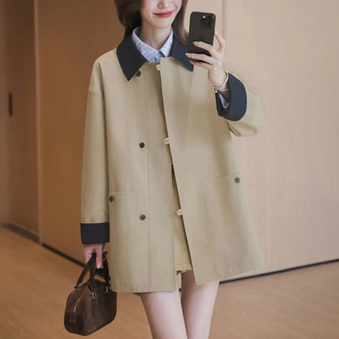 春秋英伦拼接中长风衣女小个子