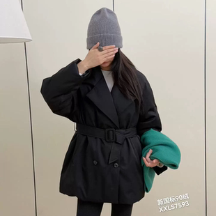 欧货高端2025年新款冬季西装领双排扣侧口袋90白鸭绒外套羽绒服女