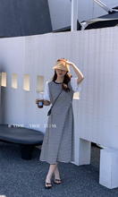 2025夏季新款韩版时尚条纹拼色短袖连衣裙显瘦百搭气质长裙女2216