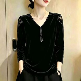 黑色V领长袖丝绒烧花串珠T恤女秋季新款气质显瘦洋气内搭打底上衣