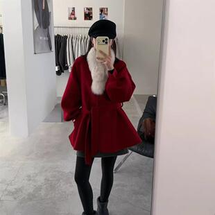 小个子狐狸毛领红色双面羊毛大衣女短款秋冬新款灯笼袖羊毛呢外套