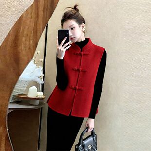 新中式红色马甲高级感毛呢坎肩女2025秋冬新款红色国风复古短外套