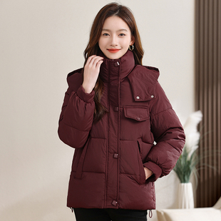 安克拉红短款羽绒棉服女冬季2024新款小个子连帽显瘦加厚保暖外套