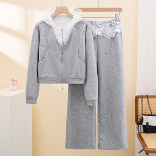 早秋穿搭套装 运动休闲两件套 慵懒风假两件蕾丝拼接连帽卫衣阔腿裤