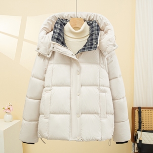 羽绒棉服外套女2025冬季新款格子拼接时尚保暖加厚短款小个子棉袄