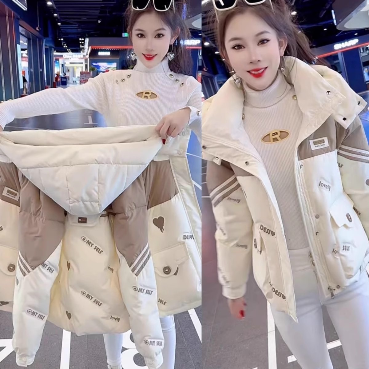 欧货洋气连帽撞色羽绒棉服女2025冬季新款高品质时尚保暖棉袄上衣