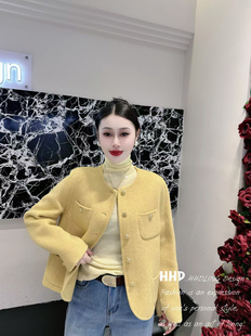 25冬季新韩版时尚百搭显瘦宽松休闲女潮圆领长袖羊绒短外套女上衣