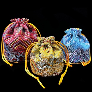 织锦缎海水纹圆筒形抽袋小布袋锦囊佛珠文玩核桃手珠手链袋子杯套