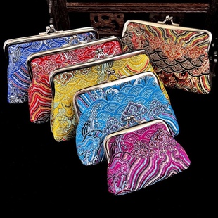 中国风海水纹布艺零钱袋丝绸织锦缎收纳钱包中式搭扣硬币包化妆包