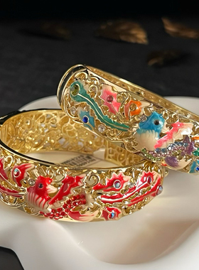 北京景泰蓝手镯子凤凰镶钻双层大码开口首饰民族风送长辈生日礼物