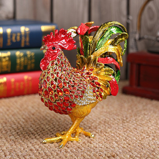 珐琅彩镶钻公鸡首饰盒摆件招财家居装饰品合金工艺品乔迁开业礼品