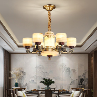 新中式 吊灯客厅灯别墅书房餐厅奢华大气玉石卧室灯全铜云石复古灯