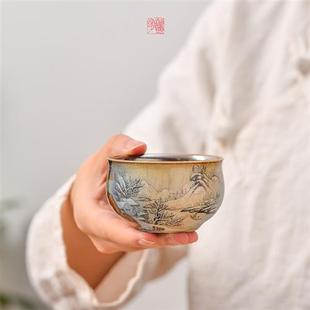 建盏盖碗柴烧陶瓷杯品茗杯单杯主人杯柴烧斗彩建盏茶碗粉彩手绘大