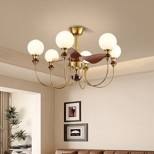 风扇灯美式 实木吊扇灯中古客厅灯卧室餐厅一体包豪斯复古电扇灯