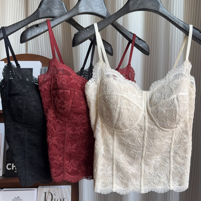 2025秋冬磨毛法式蕾丝纯欲吊带美背一体杯免穿文胸背心女修身显瘦