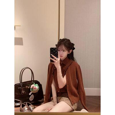 【zui高品质】shushu小香风羊毛针织开衫圆领花边长袖内搭毛衣sst