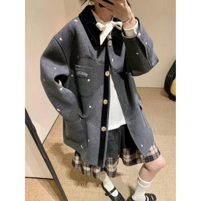 【zui高品质】marchen25拼接领廓形毛呢外套上衣刺绣花朵羊毛大衣