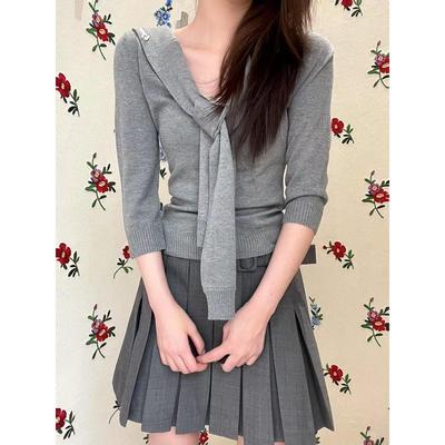 【zui高品质】shushu披肩绑带海军领针织撞色假两件长袖上衣sst